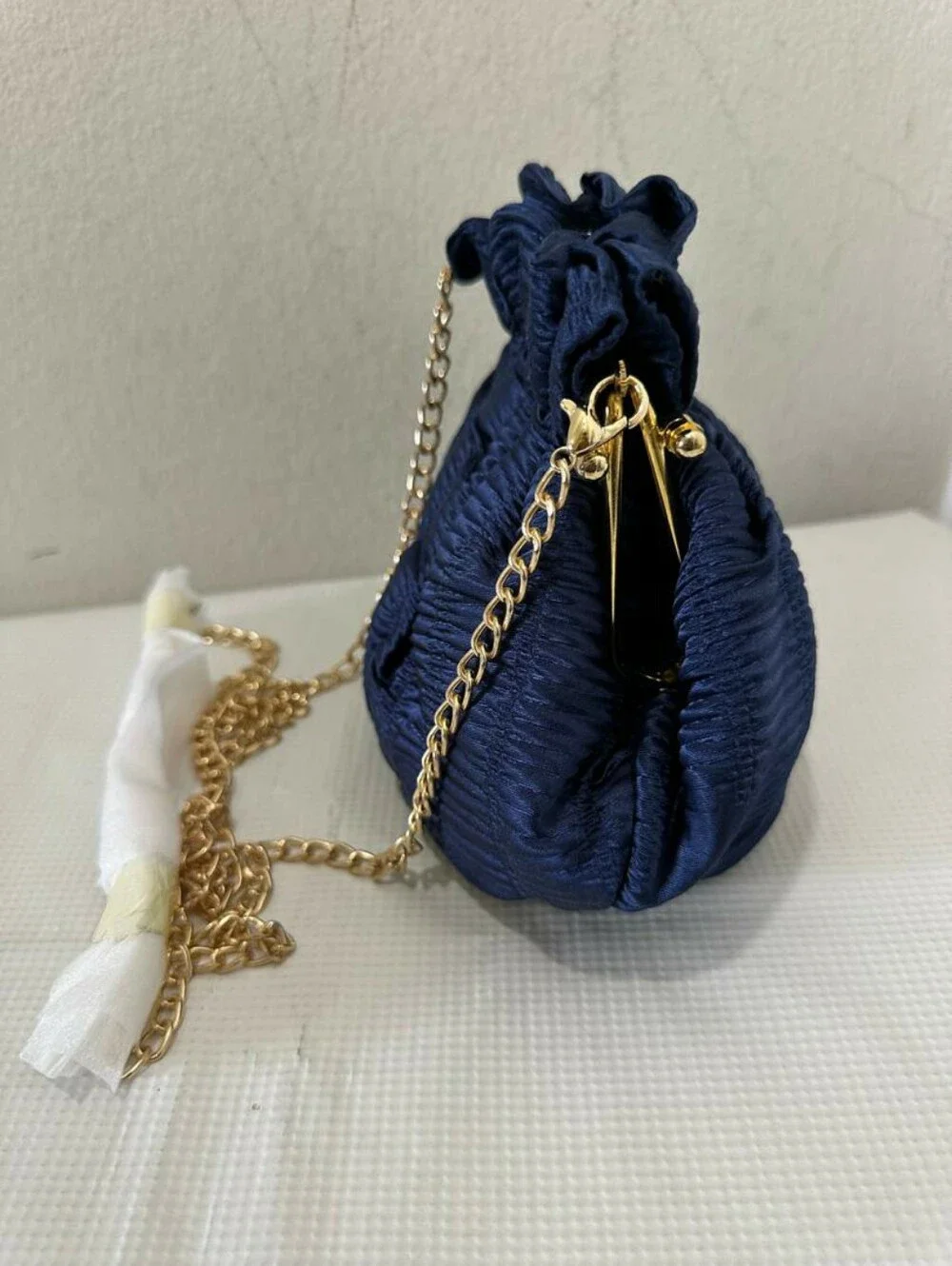 Stunning Navy Blue Ruching Satin Drawstring Crossbody Clutch Evening Purse